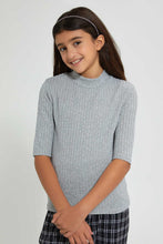 Load image into Gallery viewer, Redtag-Grey-Melange-3/4-Sleeve-Highneck-Rib-Top-Plain-Senior-Girls-9 to 14 Years
