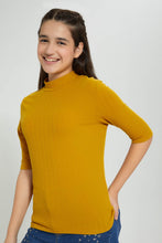 Load image into Gallery viewer, Redtag-Mustard-3/4-Sleeve-Highneck-Rib-Top-Plain-Senior-Girls-9 to 14 Years
