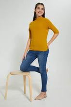 Load image into Gallery viewer, Redtag-Mustard-3/4-Sleeve-Highneck-Rib-Top-Plain-Senior-Girls-9 to 14 Years
