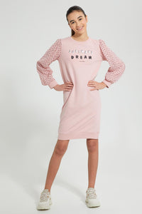 Redtag-Pink-SweaT-Shirt-Dress-With-Chiffon-Sleeve-Dresses-Senior-Girls-9 to 14 Years