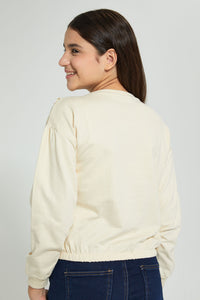 Redtag-Beige-Sweatshirt-With-Woven-Contrast-Sweatshirts-Senior-Girls-9 to 14 Years