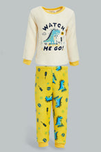 Load image into Gallery viewer, Redtag-Ecru-And-Mustard-Dino-Fluffy-2-Pack-Pj-Set-Pyjama-Sets-Infant-Boys-3 to 24 Months
