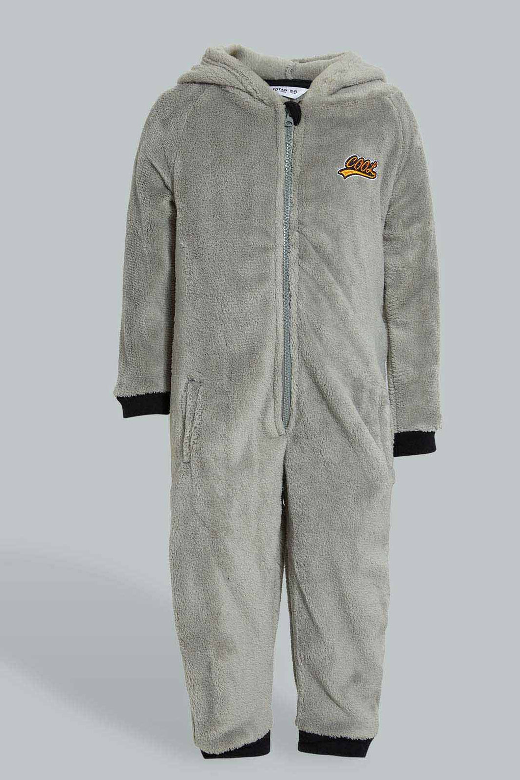 Redtag-Grey-Fluffy-Hoody-Onsie-Pj-Set-Pyjama-Sets-Infant-Boys-3 to 24 Months
