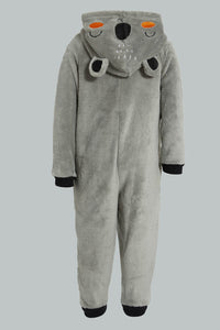 Redtag-Grey-Fluffy-Hoody-Onsie-Pj-Set-Pyjama-Sets-Infant-Boys-3 to 24 Months