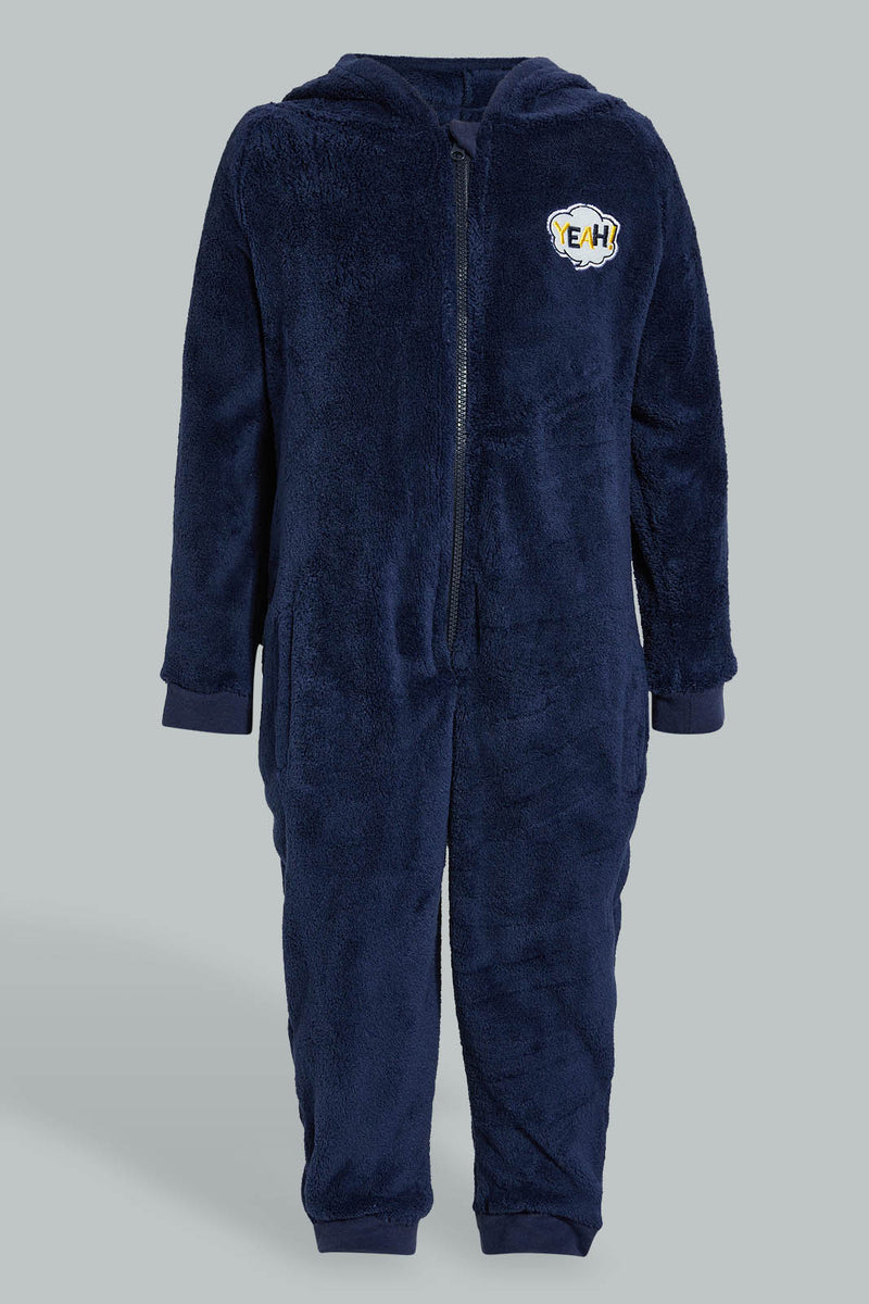 Redtag-Navy-Fluffy-Hoody-Onsie-Pj-Set-Pyjama-Sets-Infant-Boys-3 to 24 Months