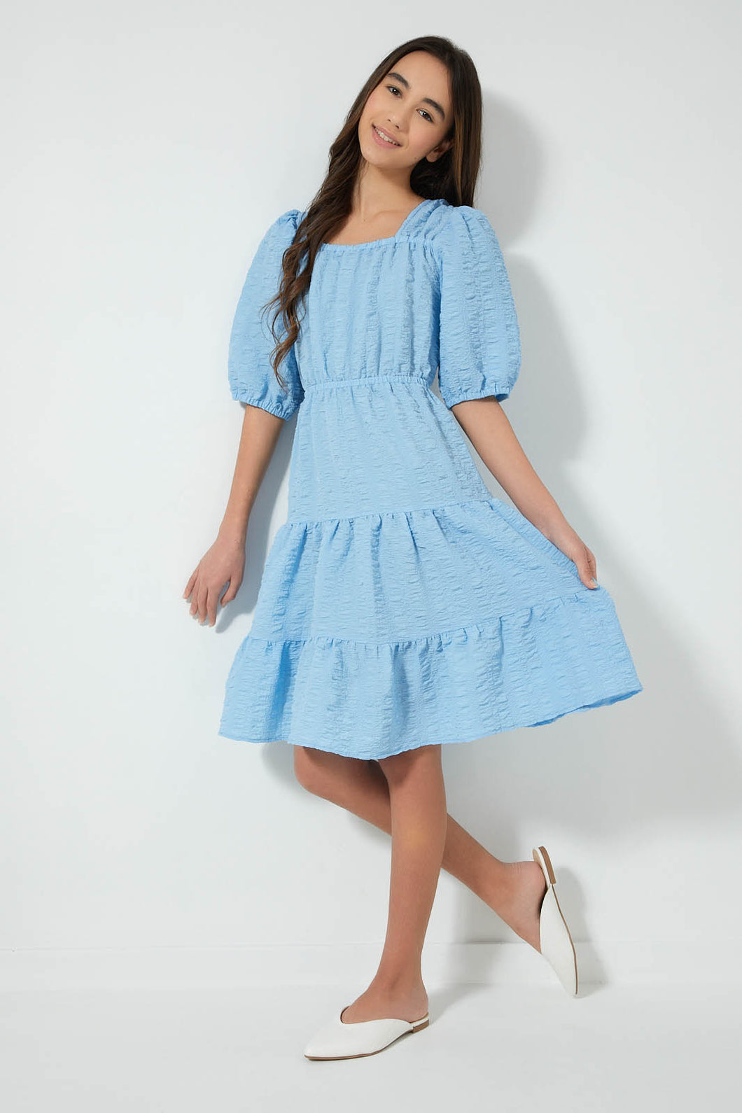 Redtag-Lt-Blue-Crinkle-Layered-Dress-Dresses-Senior-Girls-9 to 14 Years
