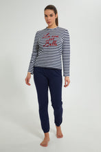 Load image into Gallery viewer, Redtag-White/Navy-Stripe-Printed-Pyjama-Set-Pyjama-Sets-Women's-
