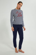 Load image into Gallery viewer, Redtag-White/Navy-Stripe-Printed-Pyjama-Set-Pyjama-Sets-Women's-
