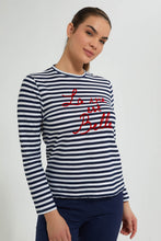 Load image into Gallery viewer, Redtag-White/Navy-Stripe-Printed-Pyjama-Set-Pyjama-Sets-Women's-
