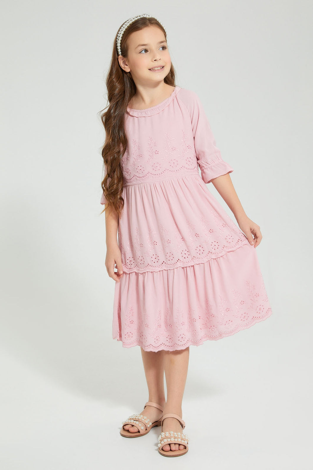 Redtag-Pink-Shifli-Tiered-Dress-Dresses-Girls-2 to 8 Years