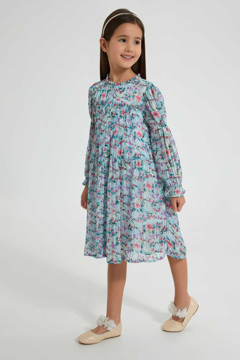 Redtag-Blue-Printed-Shirt-Dress-Dresses-Girls-2 to 8 Years