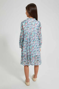 Redtag-Blue-Printed-Shirt-Dress-Dresses-Girls-2 to 8 Years