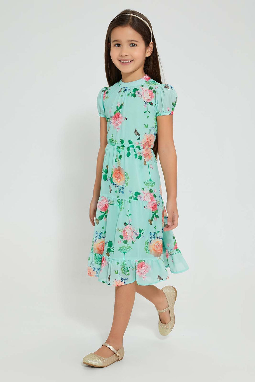 Redtag-Green-Printed-Maxi-Dress-Dresses-Girls-2 to 8 Years