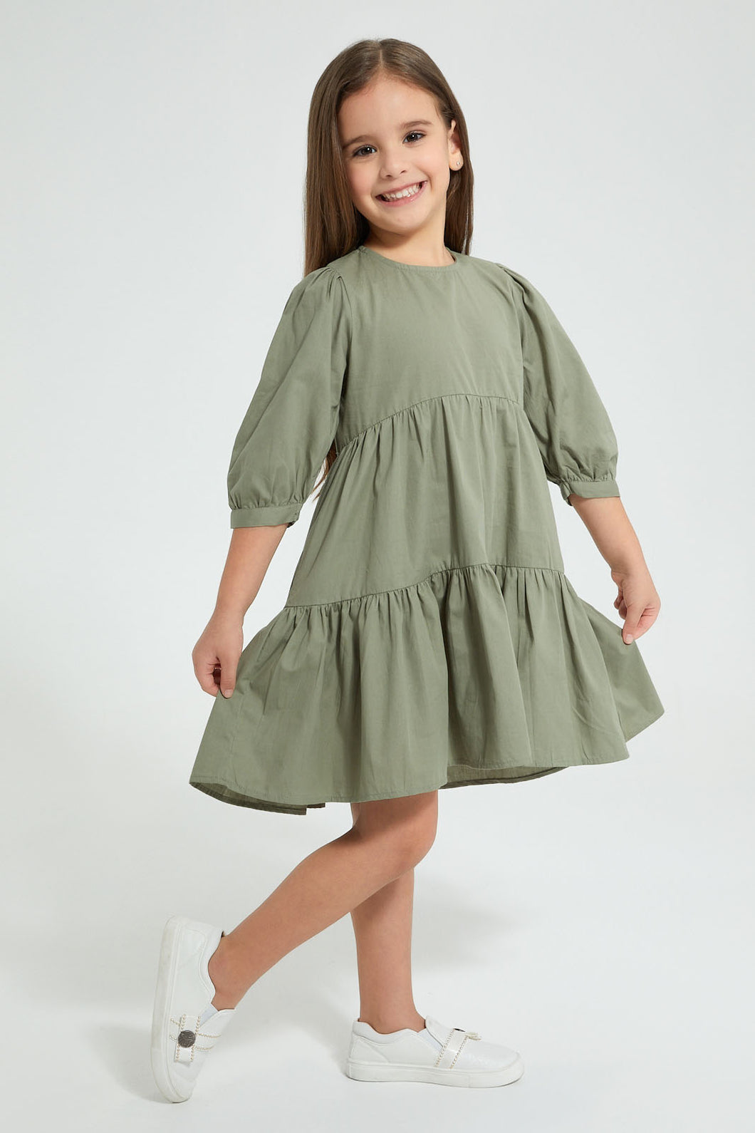Redtag-Olive-Tiered-Dress-Dresses-Girls-2 to 8 Years