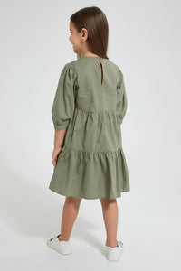 Redtag-Olive-Tiered-Dress-Dresses-Girls-2 to 8 Years