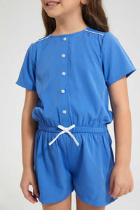 Redtag-Blue-Front-Placket-Playsuit-Jumpsuits-Girls-2 to 8 Years