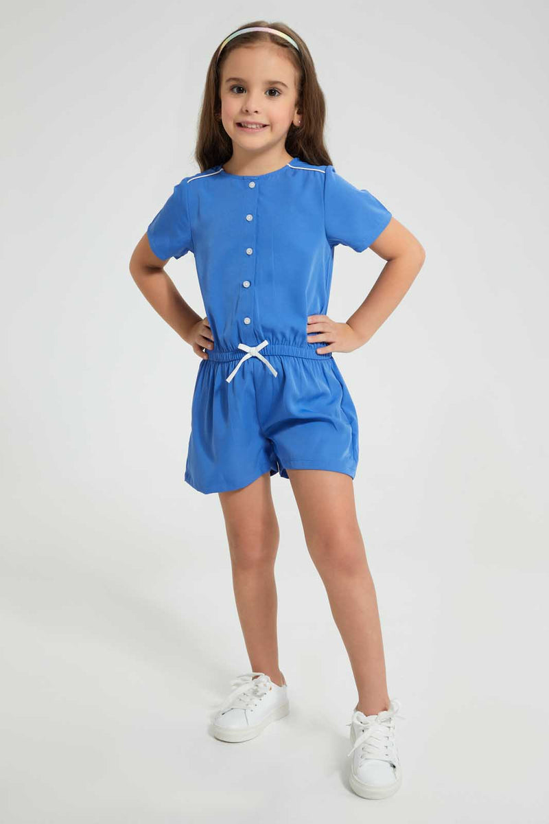 Redtag-Blue-Front-Placket-Playsuit-Jumpsuits-Girls-2 to 8 Years