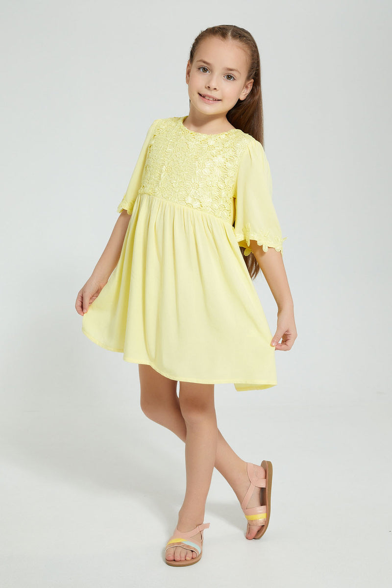 Redtag-Yellow-Lace-Yoke-Dress-Dresses-Girls-2 to 8 Years