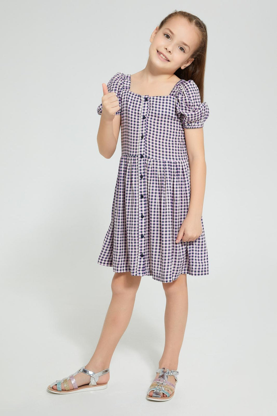 Redtag-Lilac-Yarn-Dyed-Check-Slub-Textured-Dress-Dresses-Girls-2 to 8 Years