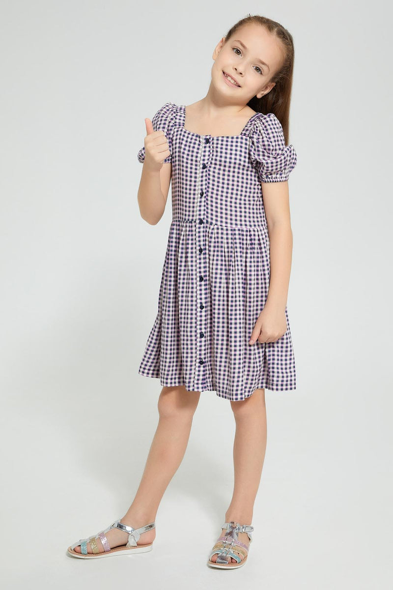 Redtag-Lilac-Yarn-Dyed-Check-Slub-Textured-Dress-Dresses-Girls-2 to 8 Years