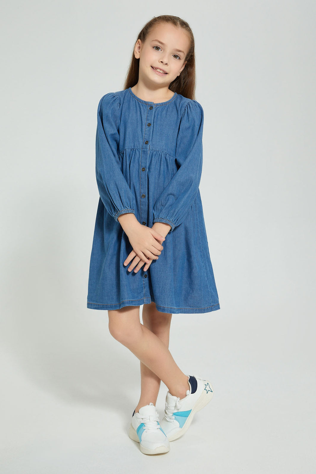 Redtag-Blue-Denim-Front-Placket-Dress-Dresses-Girls-2 to 8 Years