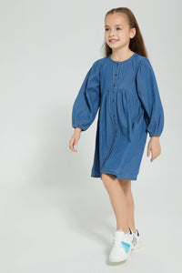 Redtag-Blue-Denim-Front-Placket-Dress-Dresses-Girls-2 to 8 Years