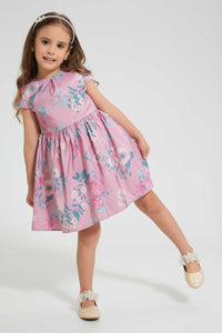 Redtag-Pink-Aop-Front-Pleat-Dress-Dresses-Girls-2 to 8 Years