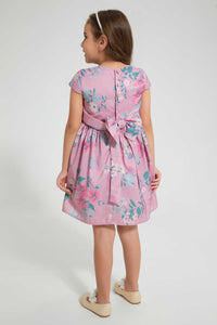 Redtag-Pink-Aop-Front-Pleat-Dress-Dresses-Girls-2 to 8 Years