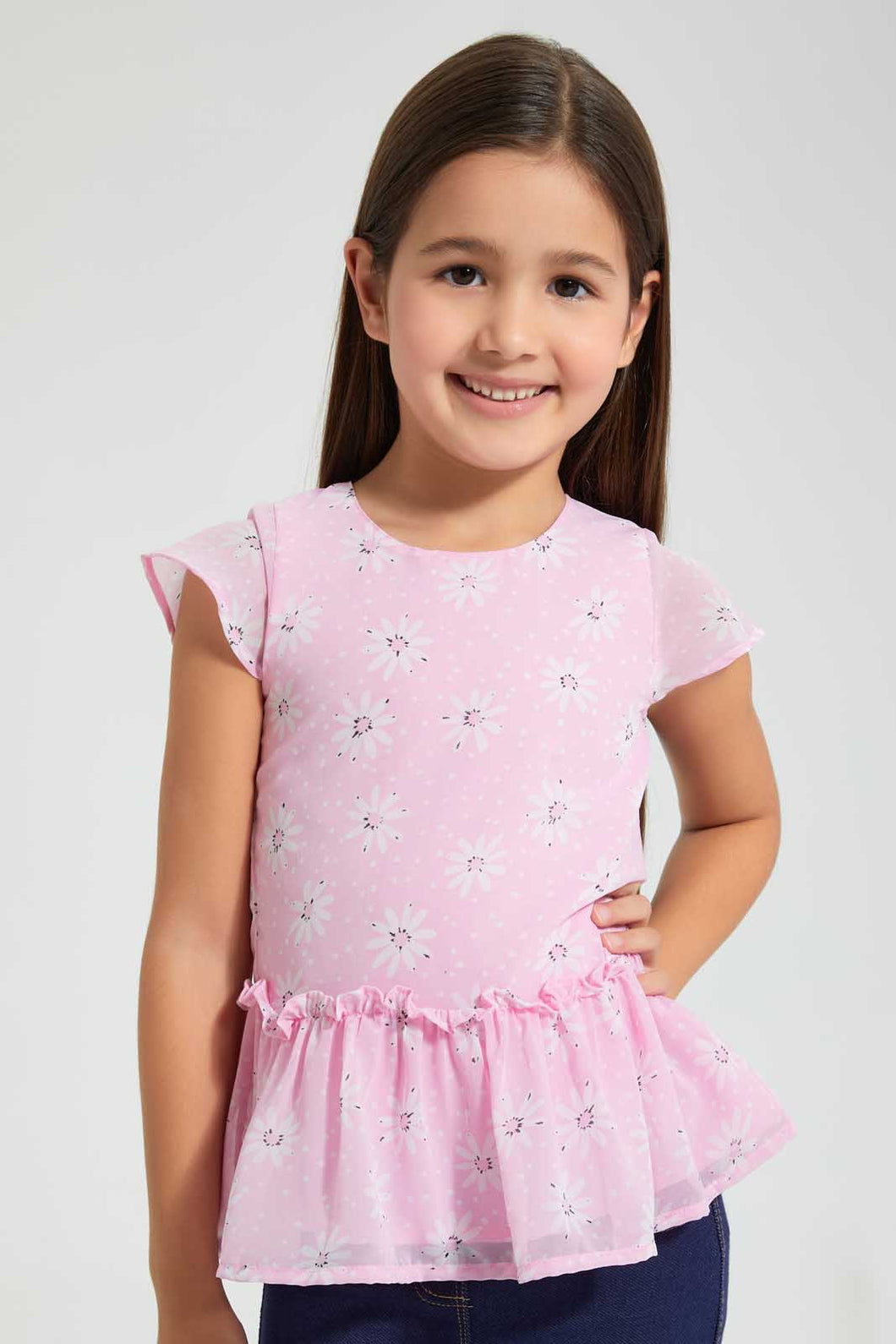 Redtag-Pink-Aop--Peplum-Blouse-Blouses-Girls-2 to 8 Years