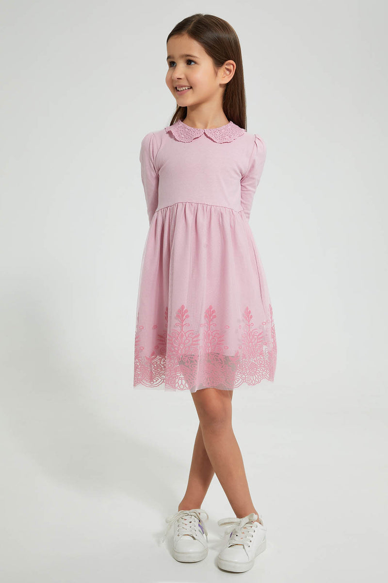 Redtag-Pink-Mesh-Dress-Dresses-Girls-2 to 8 Years