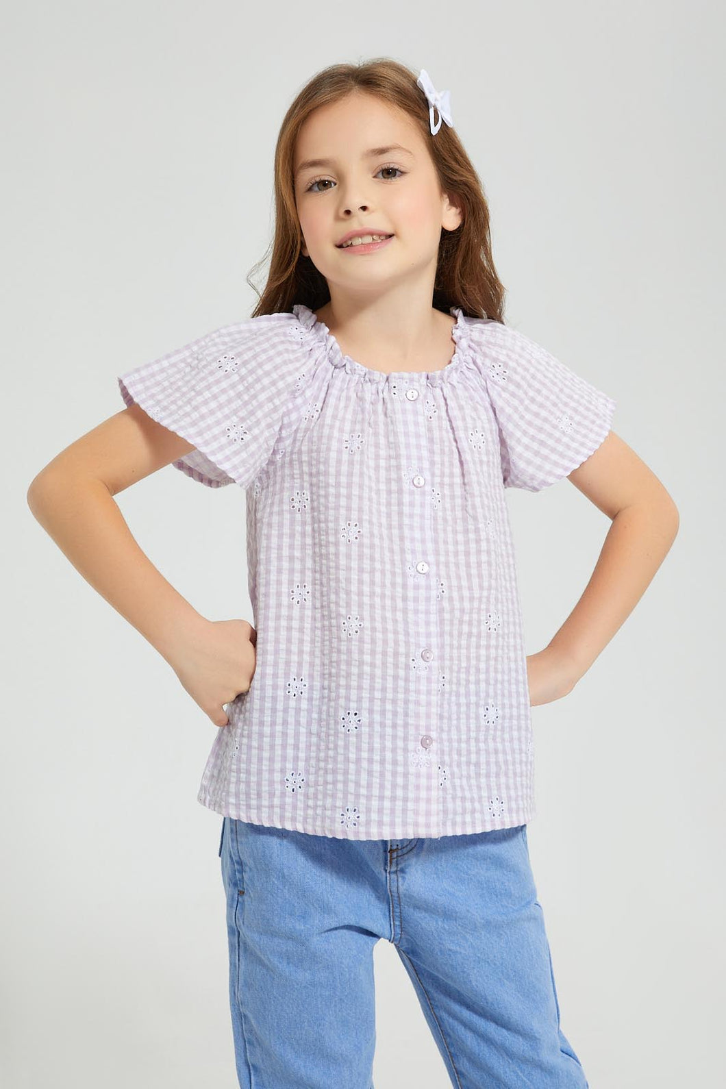 Redtag-Lilac-Yarndyed-Check-With-Shifli-&-Textured-Blouse-Colour:Lilac,-Filter:Girls-(2-to-8-Yrs),-Girls-Blouses,-New-In,-New-In-GIR,-Non-Sale,-S22B,-Section:Kidswear-Girls-2 to 8 Years