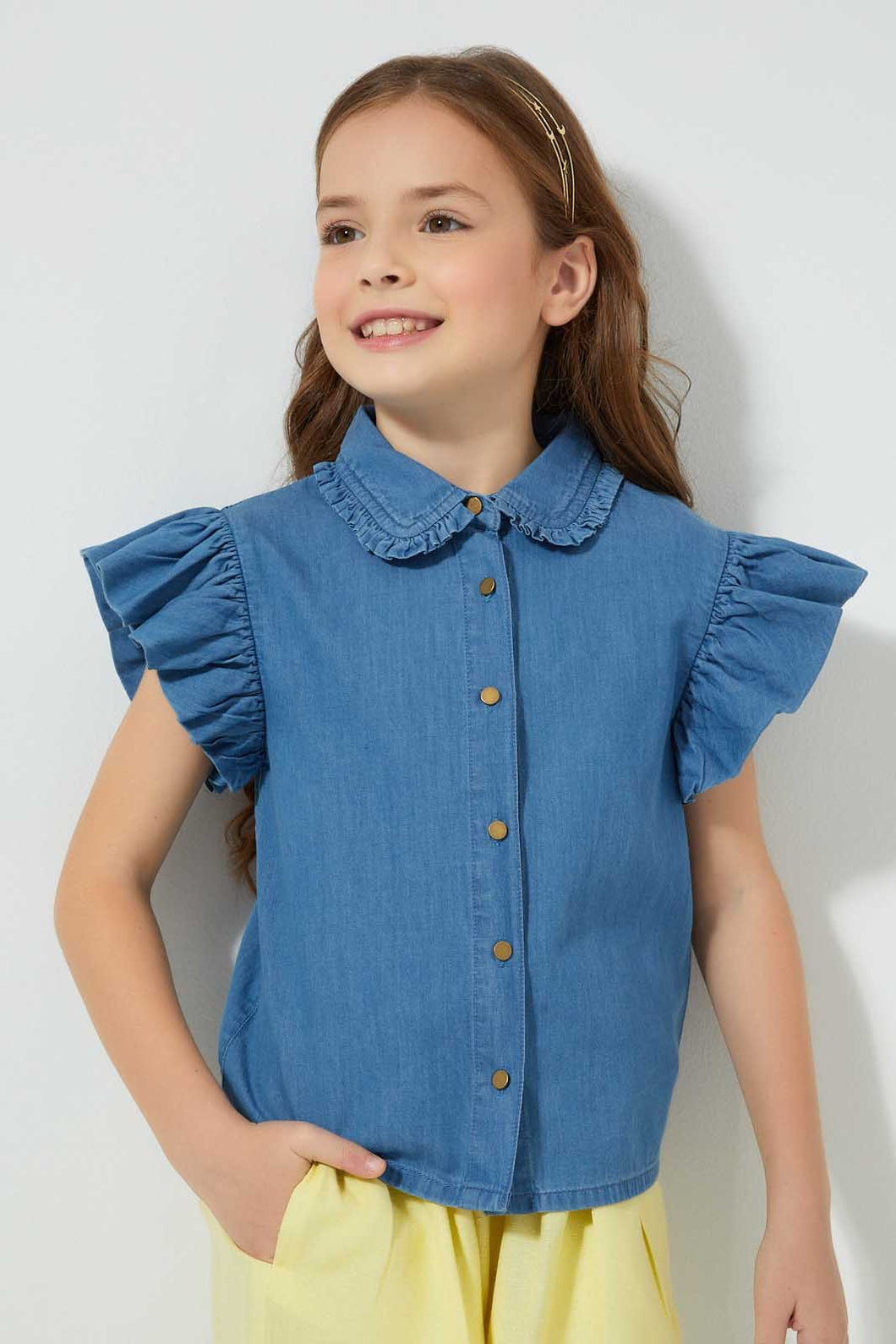 Redtag-Denim-Frilled-Sleeve-Blouse-Colour:Denim,-Filter:Girls-(2-to-8-Yrs),-Girls-Blouses,-New-In,-New-In-GIR,-Non-Sale,-S22B,-Section:Kidswear-Girls-2 to 8 Years