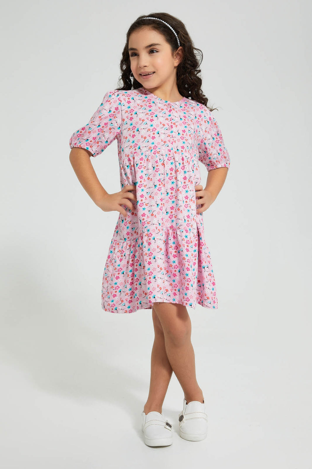 Redtag-Pink-Front-Placket-Printed-Dress-Colour:Pink,-Filter:Girls-(2-to-8-Yrs),-Girls-Dresses,-New-In,-New-In-GIR,-Non-Sale,-S22A,-Section:Kidswear-Girls-2 to 8 Years