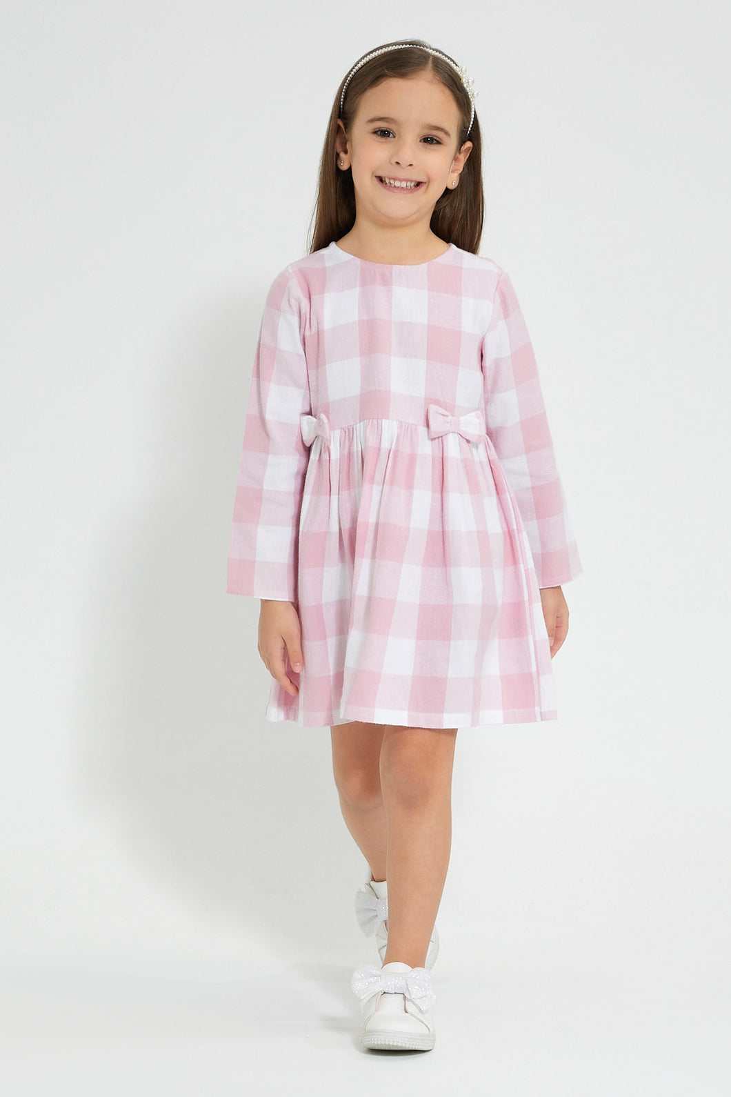 Redtag-Pink-Check-Dress-Dresses-Girls-2 to 8 Years