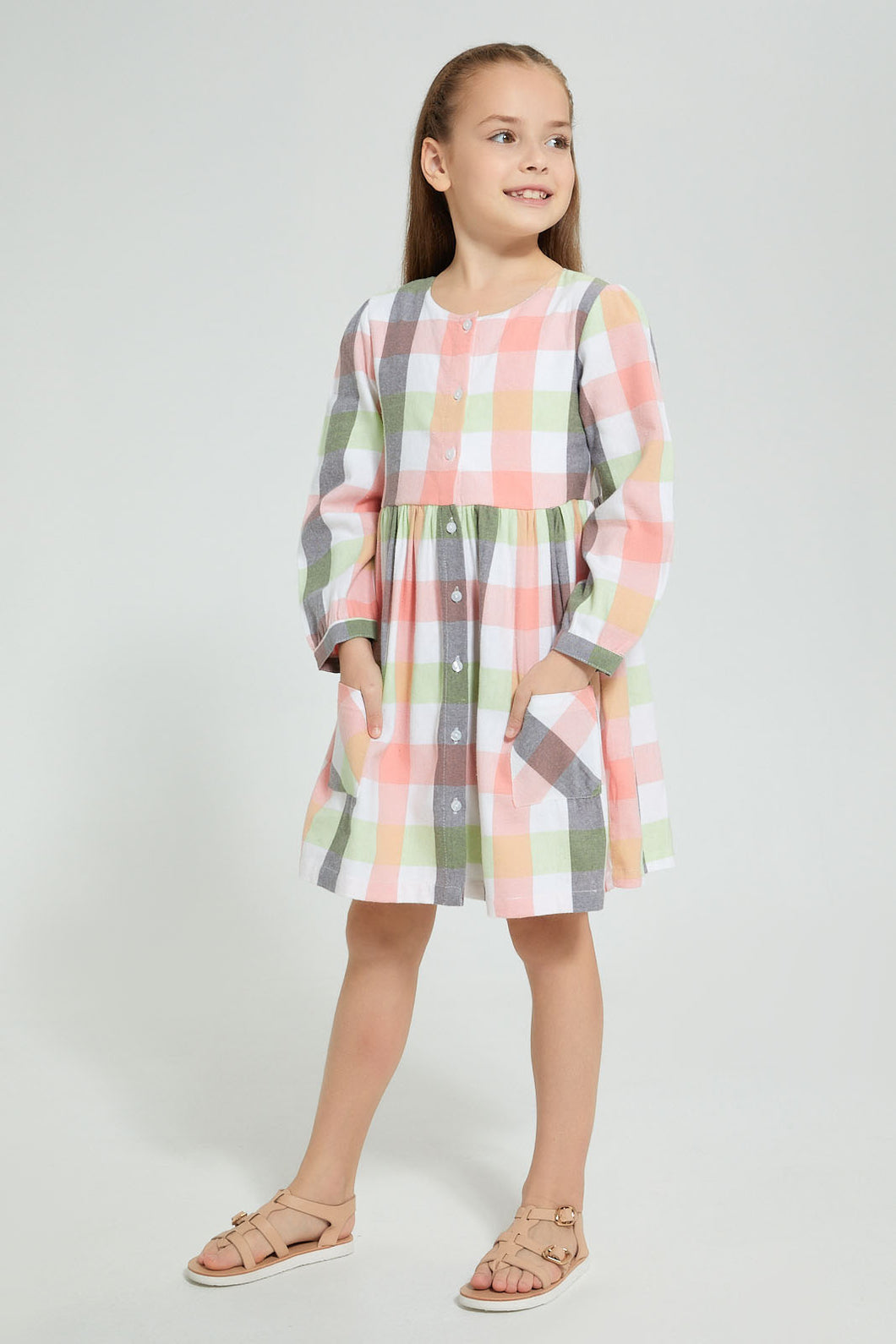 Redtag-Assorted-Check-Dress-Dresses-Girls-2 to 8 Years
