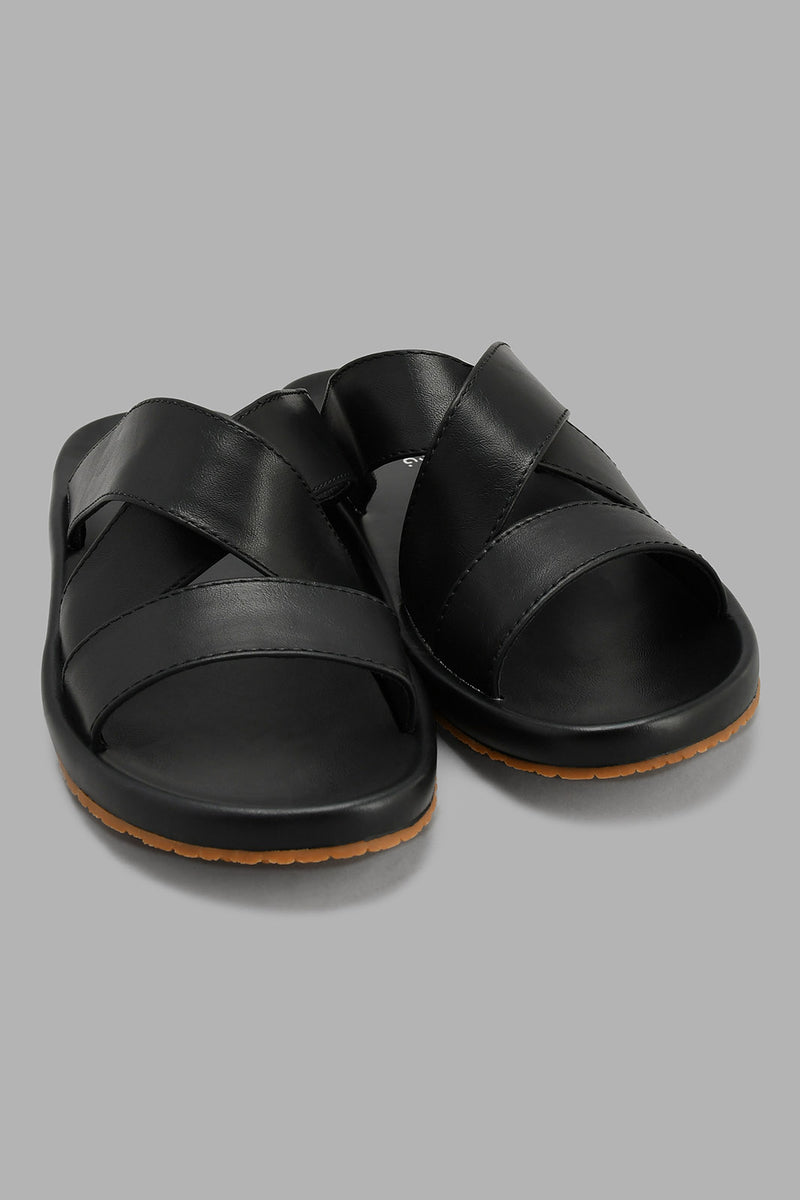 Redtag-Black-Criss-Cross-Slide-Sandal-Sandals-Senior-Boys-5 to 14 Years