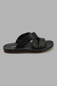 Redtag-Black-Criss-Cross-Slide-Sandal-Sandals-Senior-Boys-5 to 14 Years