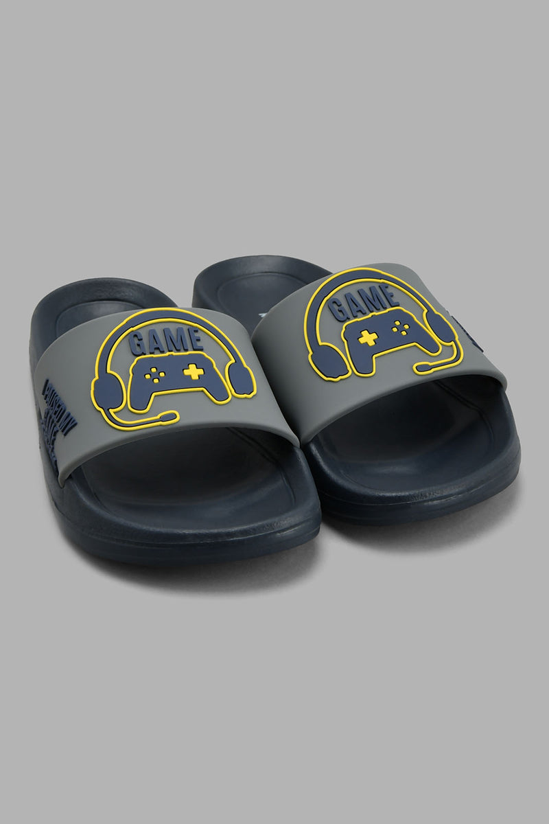 Redtag-Navy-Gamer-Print-Slide-Sliders-Senior-Boys-5 to 14 Years