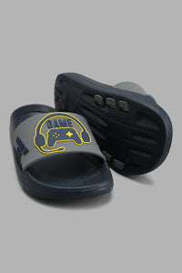 Redtag-Navy-Gamer-Print-Slide-Sliders-Senior-Boys-5 to 14 Years