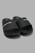 Load image into Gallery viewer, Redtag-Black-Slogan-Embossed-Slide-Sliders-Senior-Boys-5 to 14 Years
