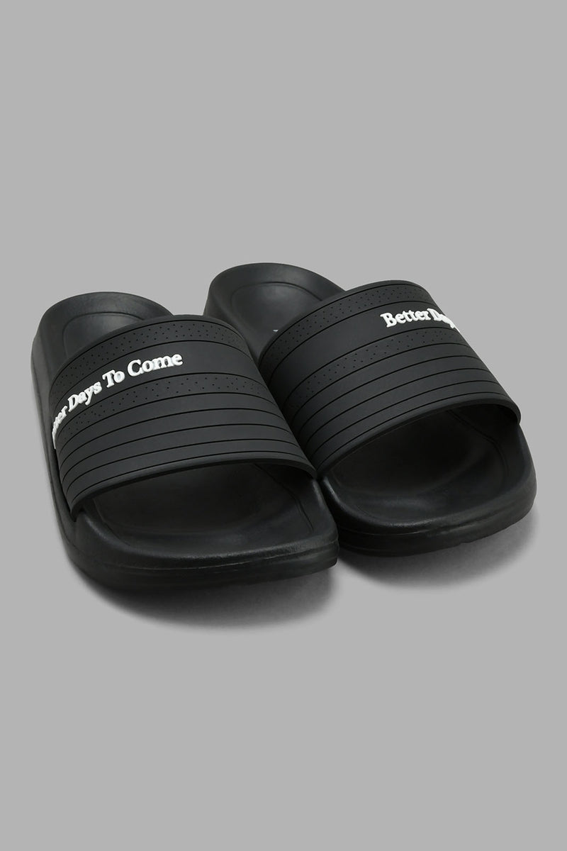 Redtag-Black-Slogan-Embossed-Slide-Sliders-Senior-Boys-5 to 14 Years