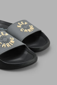 Redtag-Black-Slogan-Embossed-Slide-Sliders-Senior-Boys-5 to 14 Years