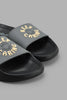 Redtag-Black-Slogan-Embossed-Slide-Sliders-Senior-Boys-5 to 14 Years