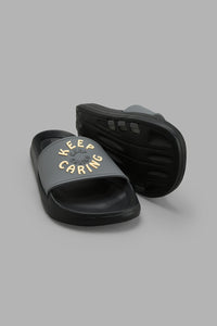 Redtag-Black-Slogan-Embossed-Slide-Sliders-Senior-Boys-5 to 14 Years