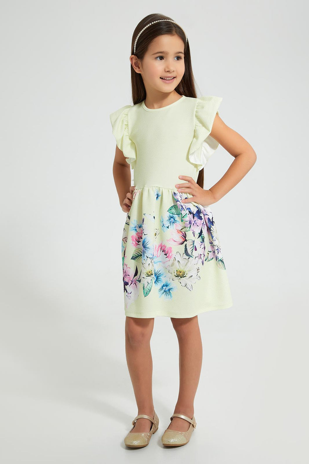 Redtag-Yellow-Textured-Printed-Dress-Dresses-Girls-2 to 8 Years