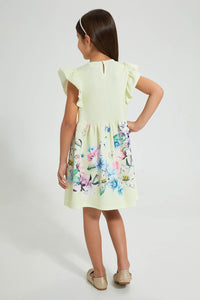 Redtag-Yellow-Textured-Printed-Dress-Dresses-Girls-2 to 8 Years