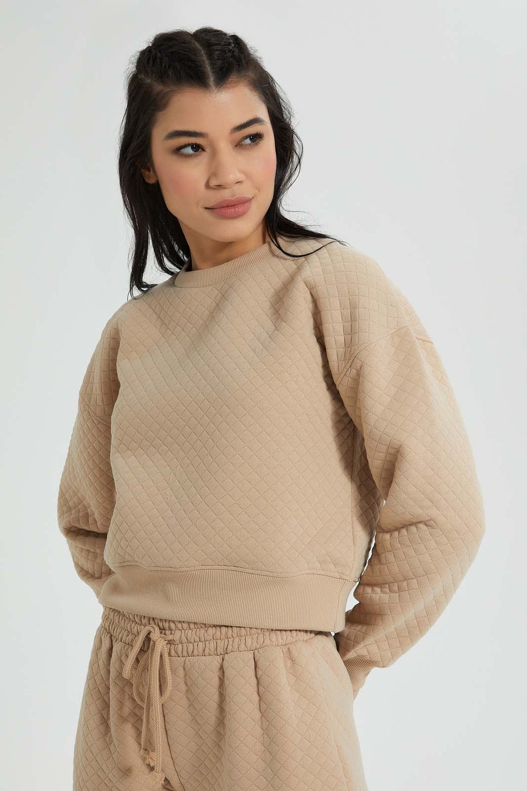 Redtag-Tan-Jacquard-Cropped-Sweatshirt-Colour:Tan,-Filter:Women's-Clothing,-New-In,-New-In-Women,-Non-Sale,-S22A,-Section:Women,-Women-Sweatshirts-Women's-