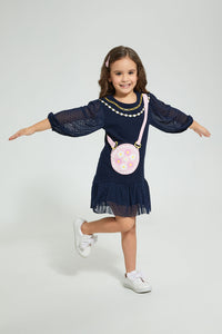 Redtag-Navy-Dobby-Mesh-Bottom-Dress-Dresses-Girls-2 to 8 Years