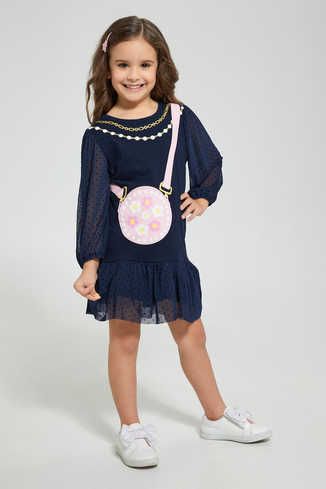 Redtag-Navy-Dobby-Mesh-Bottom-Dress-Dresses-Girls-2 to 8 Years