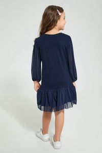 Redtag-Navy-Dobby-Mesh-Bottom-Dress-Dresses-Girls-2 to 8 Years